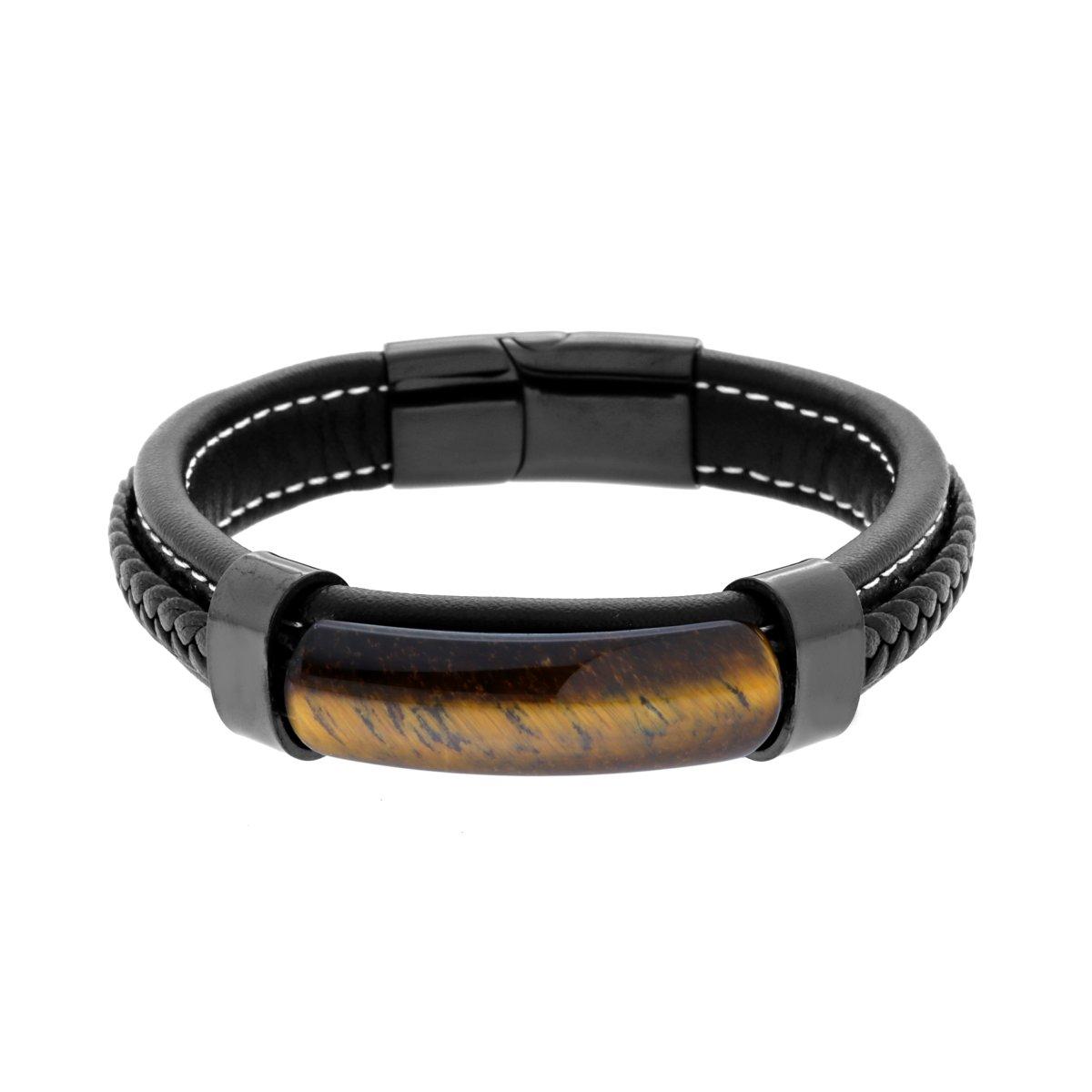 Bracciale in Ecopelle Nero con inserto in Pietra colore Occhio di Tigre in ACCIAIO
