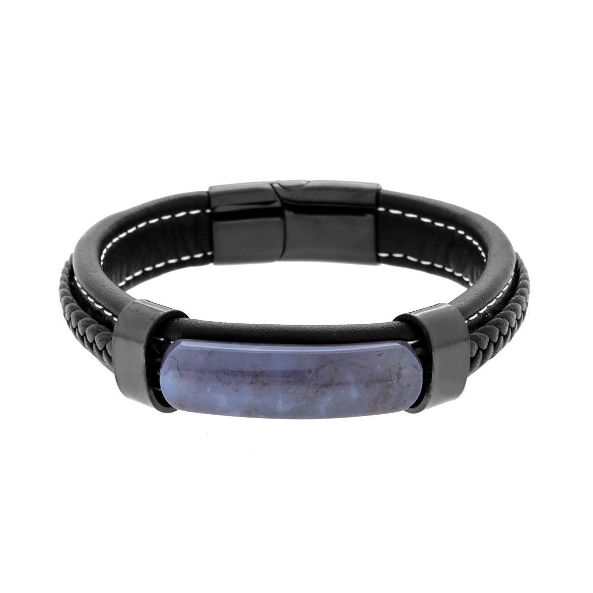 Bracciale in Ecopelle Nero con inserto in Pietra colore Quarzo Viola in ACCIAIO