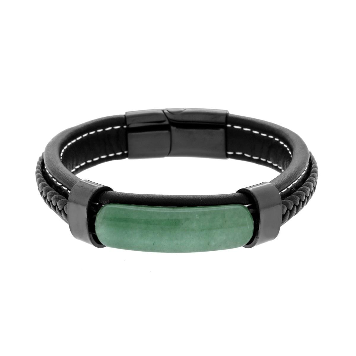 Bracciale in Ecopelle Nero con inserto in Pietra colore Quarzo Verde in ACCIAIO