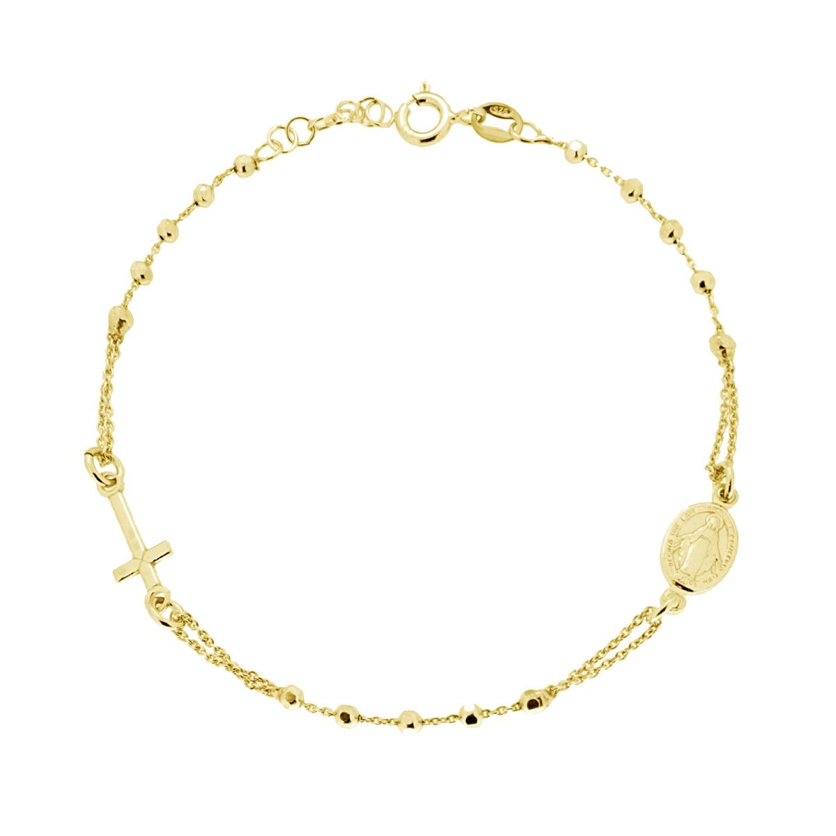 Bracciale Rosario cm 19+2 con Grani Sfaccettati mm 2.5 con Croce e Medaglia Madonna in ARGENTO 925 Galvanica Oro