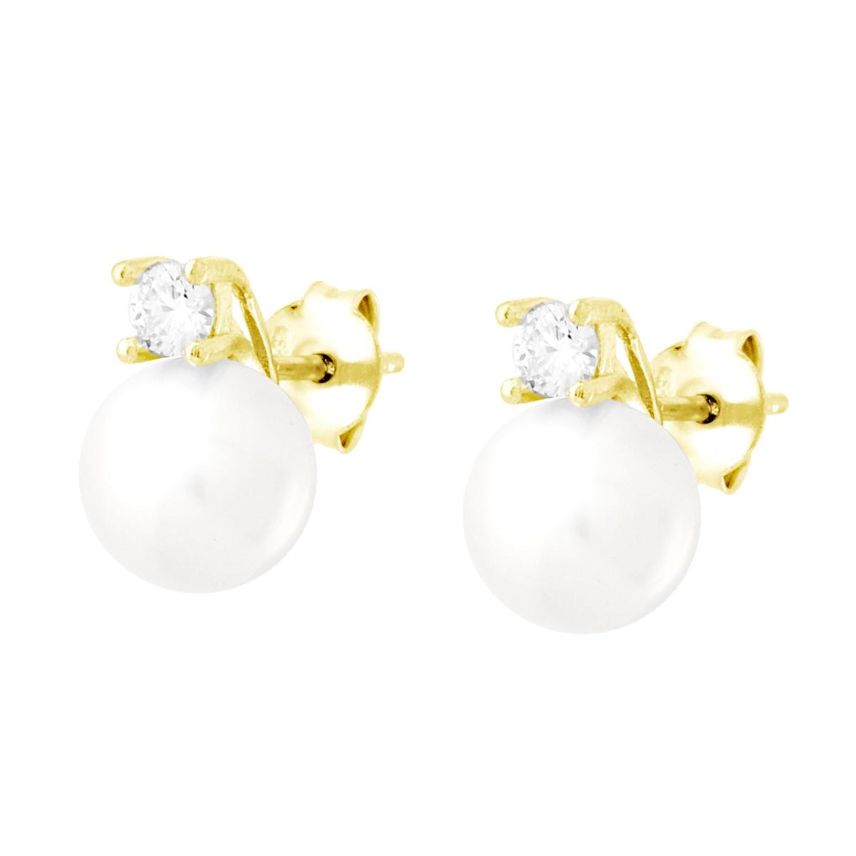 Orecchini Perla mm 8 con Cubic Zirconia Bianco in ARGENTO 925 Galvanica Oro