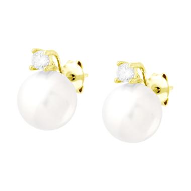 Orecchini Perla mm 10 con Cubic Zirconia Bianco in ARGENTO 925 Galvanica Oro