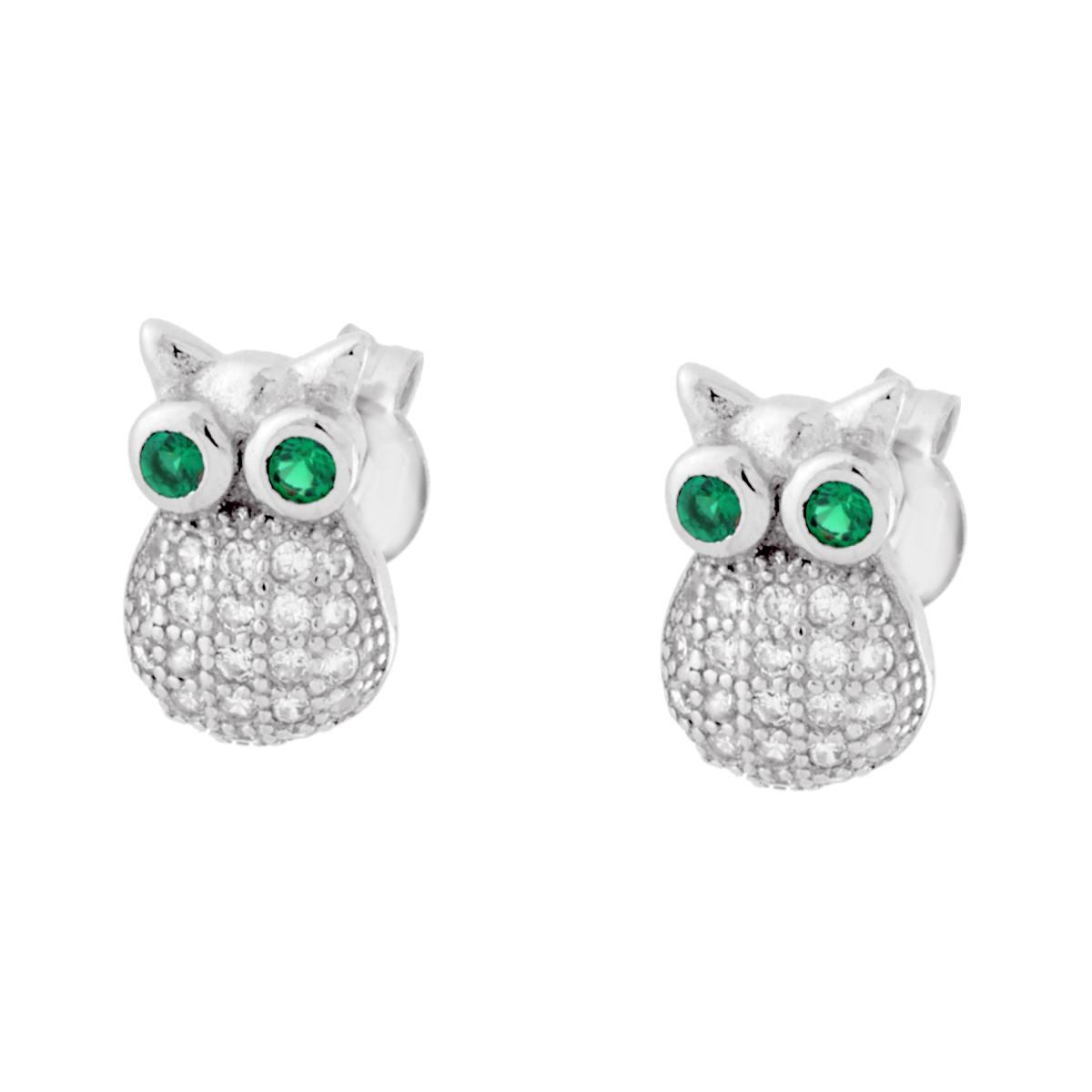 Orecchini Gufo con Cubic Zirconia Bianchi e Verde Smeraldo in ARGENTO 925 Galvanica Rodio