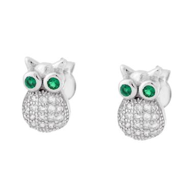 Orecchini Gufo con Cubic Zirconia Bianchi e Verde Smeraldo in ARGENTO 925 Galvanica Rodio