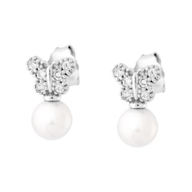 Orecchini Farfalla con Perla in Vetro Perlato e Cubic Zirconia Bianchi in ARGENTO 925 Galvanica Rodio