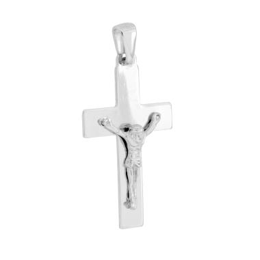 Ciondolo Croce Latina con Gesu Cristo in ARGENTO 925 Galvanica Rodio