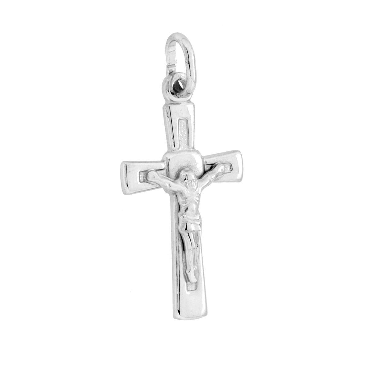 Ciondolo Croce Latina con Gesu Cristo in ARGENTO 925 Galvanica Rodio