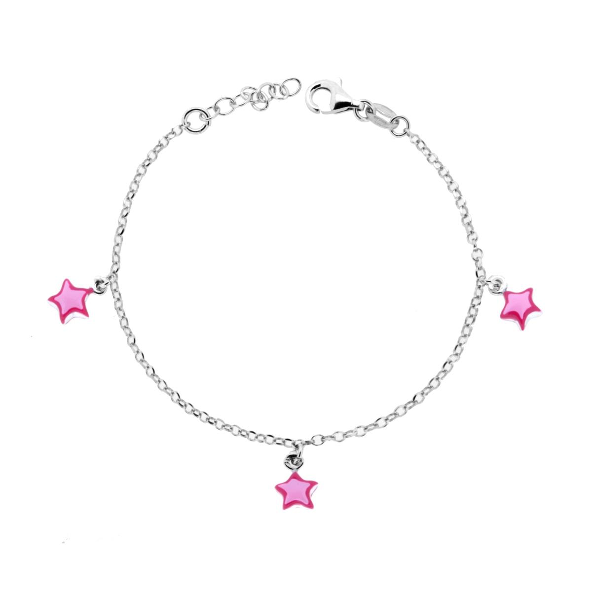 Bracciale Bimbo Bimba con Catena Rolo Diamantata e Stelle con Smalto Rosa e Fucsia in ARGENTO 925 Galvanica Rodio