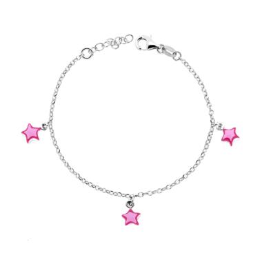 Bracciale Bimbo Bimba con Catena Rolo Diamantata e Stelle con Smalto Rosa e Fucsia in ARGENTO 925 Galvanica Rodio