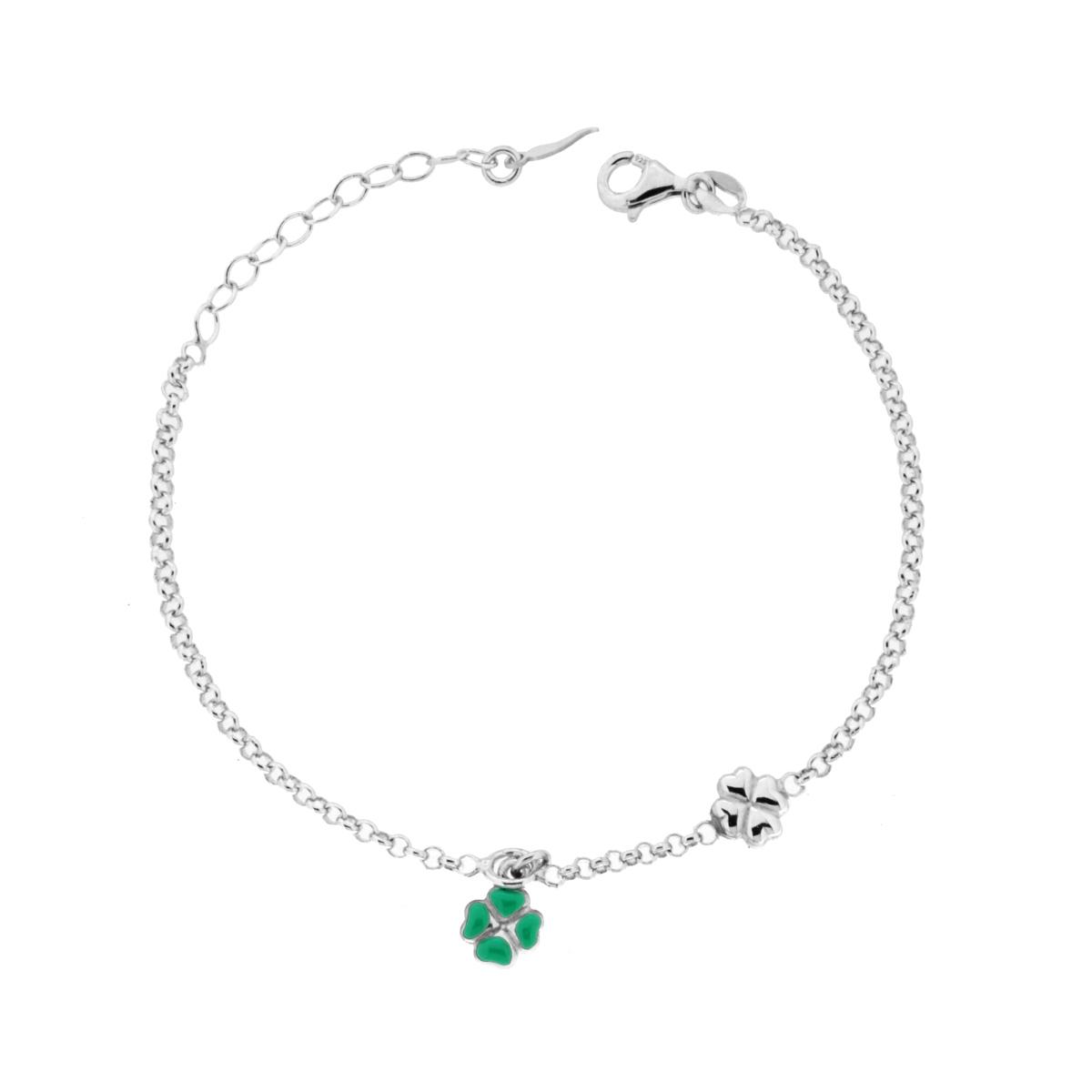 Bracciale Bimba Bimbo Catena Rolo Diamantata con Quadrifogli Smalto Verde in ARGENTO 925 Galvanica Rodio
