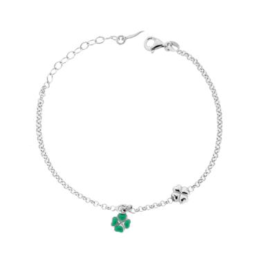 Bracciale Bimba Bimbo Catena Rolo Diamantata con Quadrifogli Smalto Verde in ARGENTO 925 Galvanica Rodio