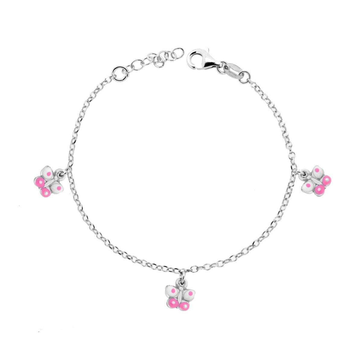 Bracciale Bimbo Bimba con Catena Rolo Diamantata e Farfalle con Smalto Rosa e Bianco in ARGENTO 925 Galvanica Rodio
