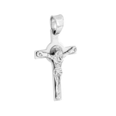 Ciondolo Croce Latina San Benedetto con Gesu Cristo in ARGENTO 925 Galvanica Rodio