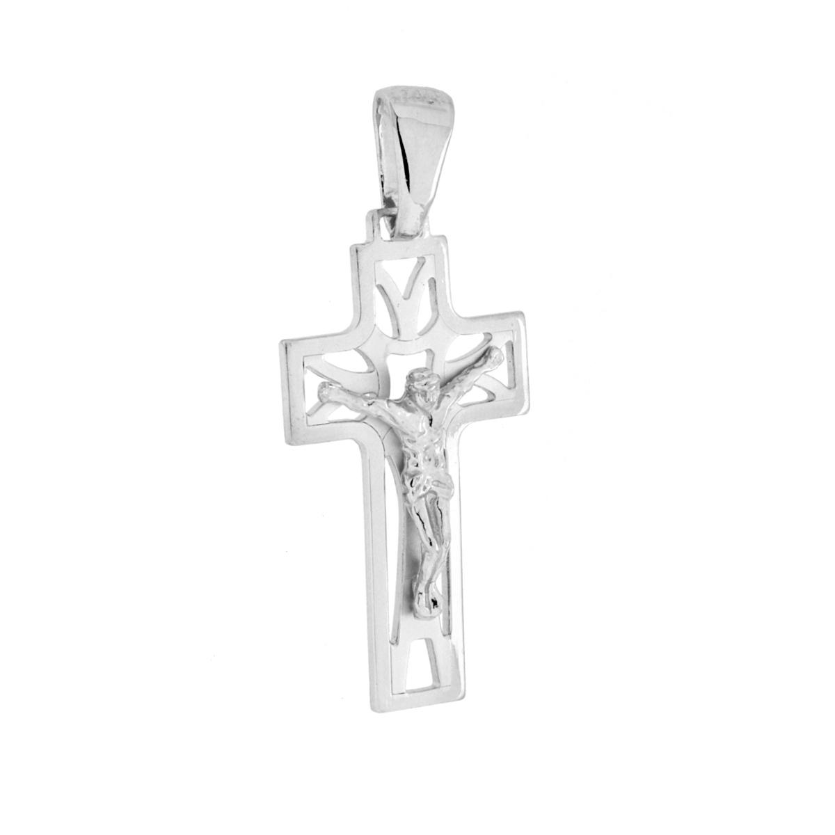 Ciondolo Croce Latina con Gesu Cristo in ARGENTO 925 Galvanica Rodio
