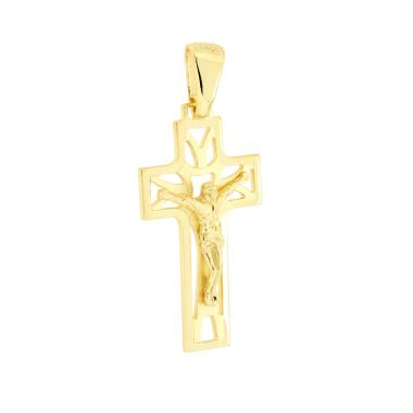 Ciondolo Croce Latina con Gesu Cristo in ARGENTO 925 Galvanica Oro