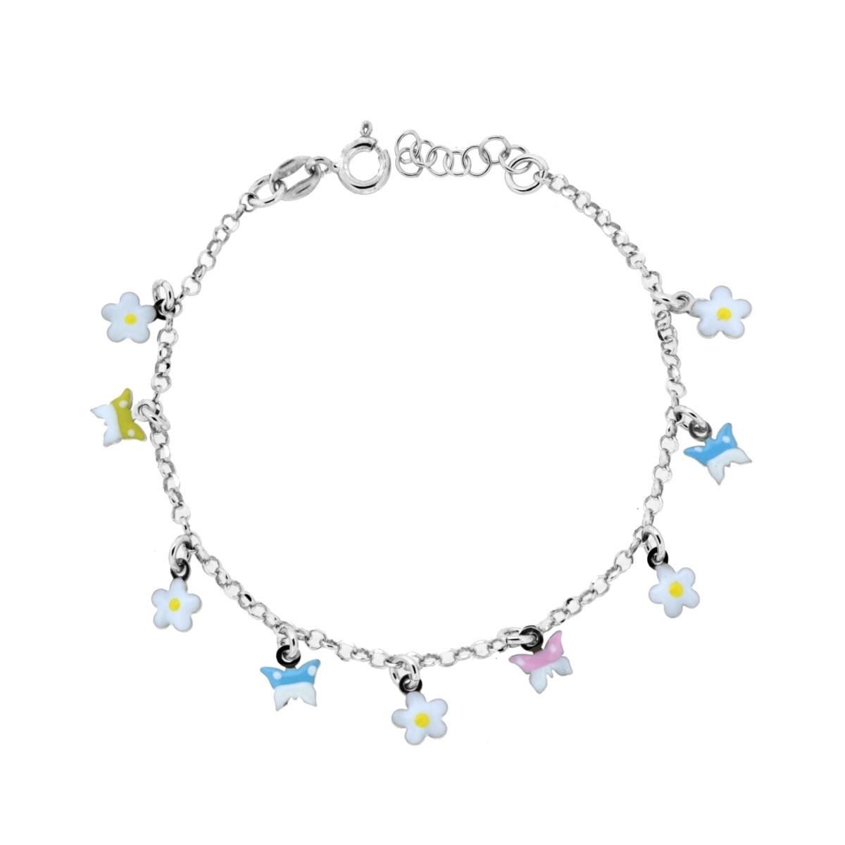Bracciale Bimbo Bimba con Catena Rolo Diamantata con Fiori e Farfalle Smalto Multicolor in ARGENTO 925 Galvanica Rodio
