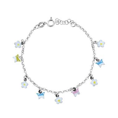 Bracciale Bimbo Bimba con Catena Rolo Diamantata con Fiori e Farfalle Smalto Multicolor in ARGENTO 925 Galvanica Rodio