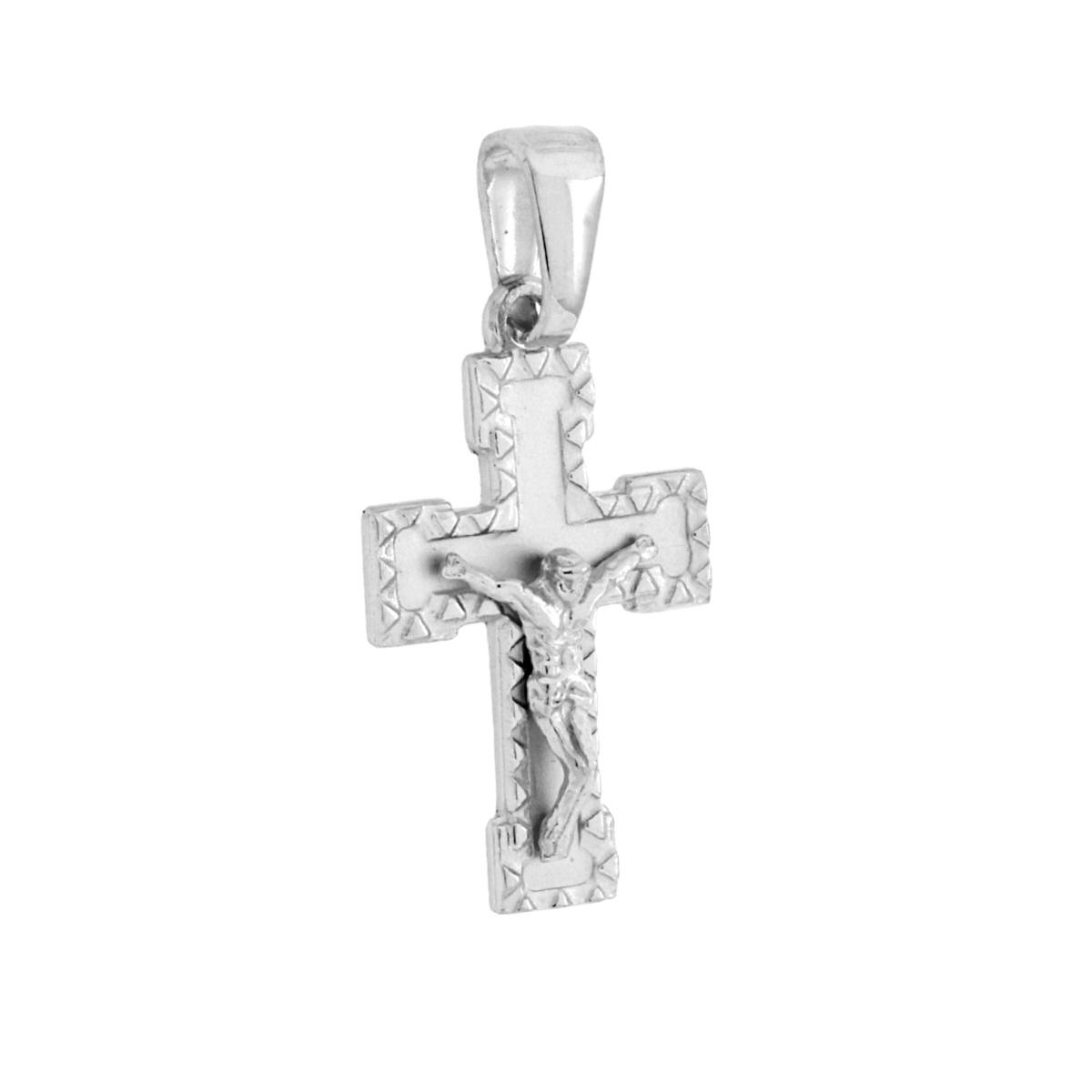 Ciondolo Croce Latina con Gesu Cristo in ARGENTO 925 Galvanica Rodio