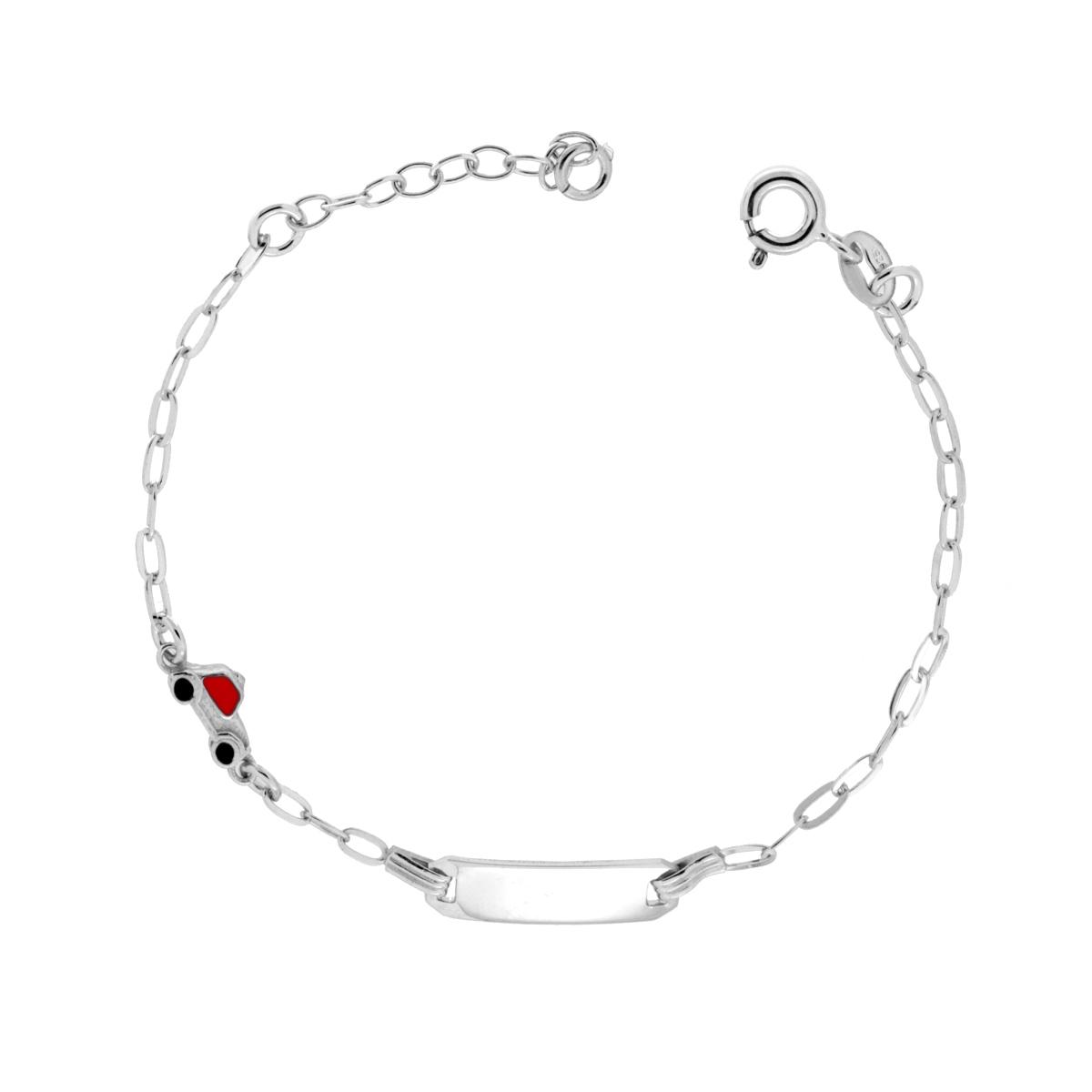 Bracciale Bimbo Bimba Targa Rettangolare con Catena Forzatina Allungata Diamantata e Macchinina con Smalto Rosso in ARGENTO 925 Galvanica Rodio