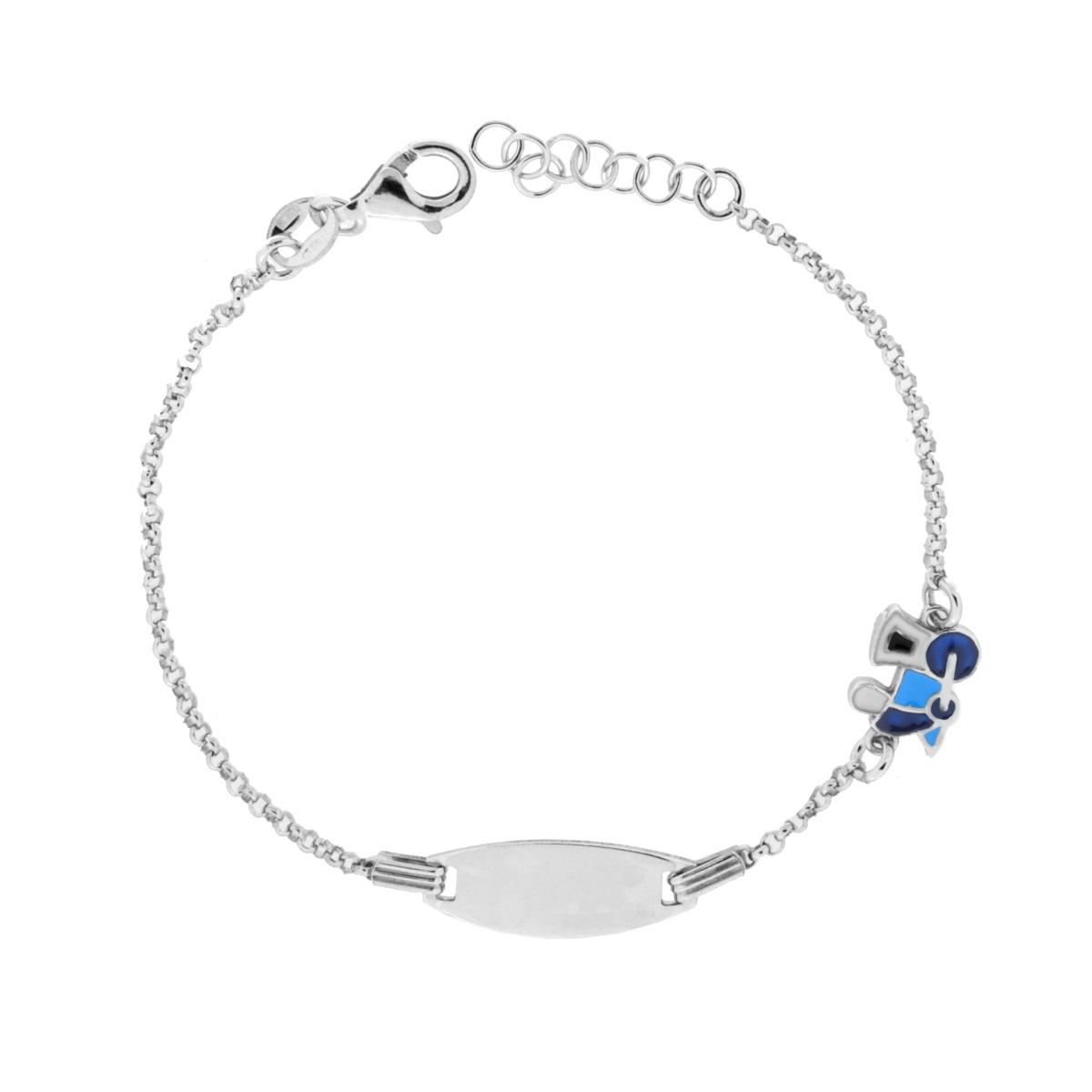 Bracciale Bimbo Bimba Targa Ovale con Catena Rolo Diamantata e Trenino con Smalto Azzurro in ARGENTO 925 Galvanica Rodio