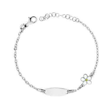 Bracciale Bimbo Bimba Targa Ovale con Catena Rolo Diamantata e Fiore con Smalto Bianco in ARGENTO 925 Galvanica Rodio