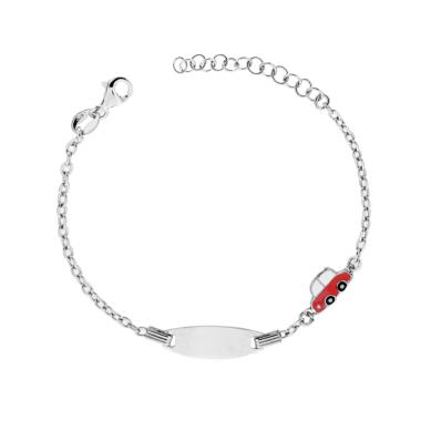 Bracciale Bimbo Bimba Targa Ovale con Catena Rolo Diamantata e Macchinina con Smalto Rosso in ARGENTO 925 Galvanica Rodio