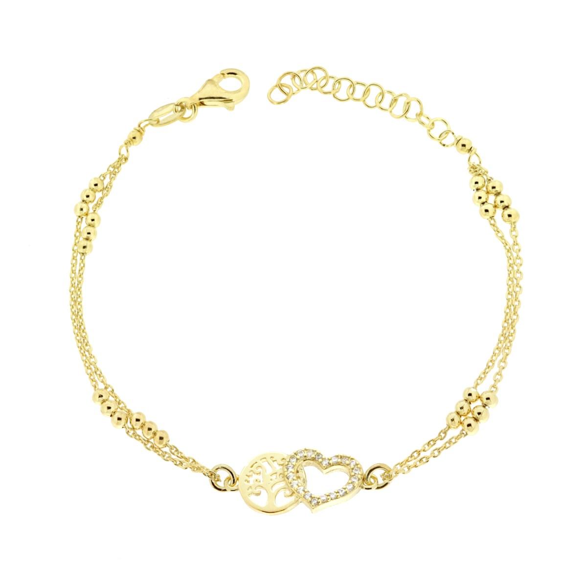 Bracciale due fili Catena Forzatina Diamantata con Cuore Albero della Vita e Cubic Zirconia Bianchi in ARGENTO 925 Galvanica Oro