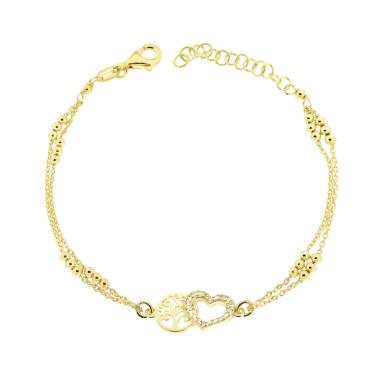 Bracciale due fili Catena Forzatina Diamantata con Cuore Albero della Vita e Cubic Zirconia Bianchi in ARGENTO 925 Galvanica Oro