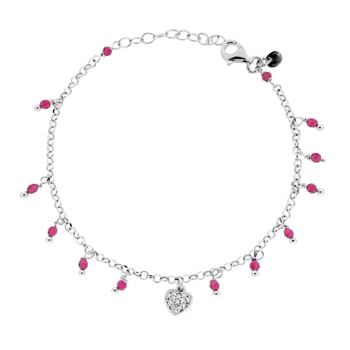 Bracciale Catena Rolo Diamantata con Cuore con Cubic Zirconia Bianchi e Crystal Rosso Rubino pendenti in ARGENTO 925 Galvanica Rodio