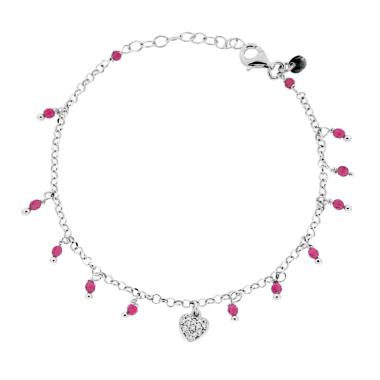 Bracciale Catena Rolo Diamantata con Cuore con Cubic Zirconia Bianchi e Crystal Rosso Rubino pendenti in ARGENTO 925 Galvanica Rodio