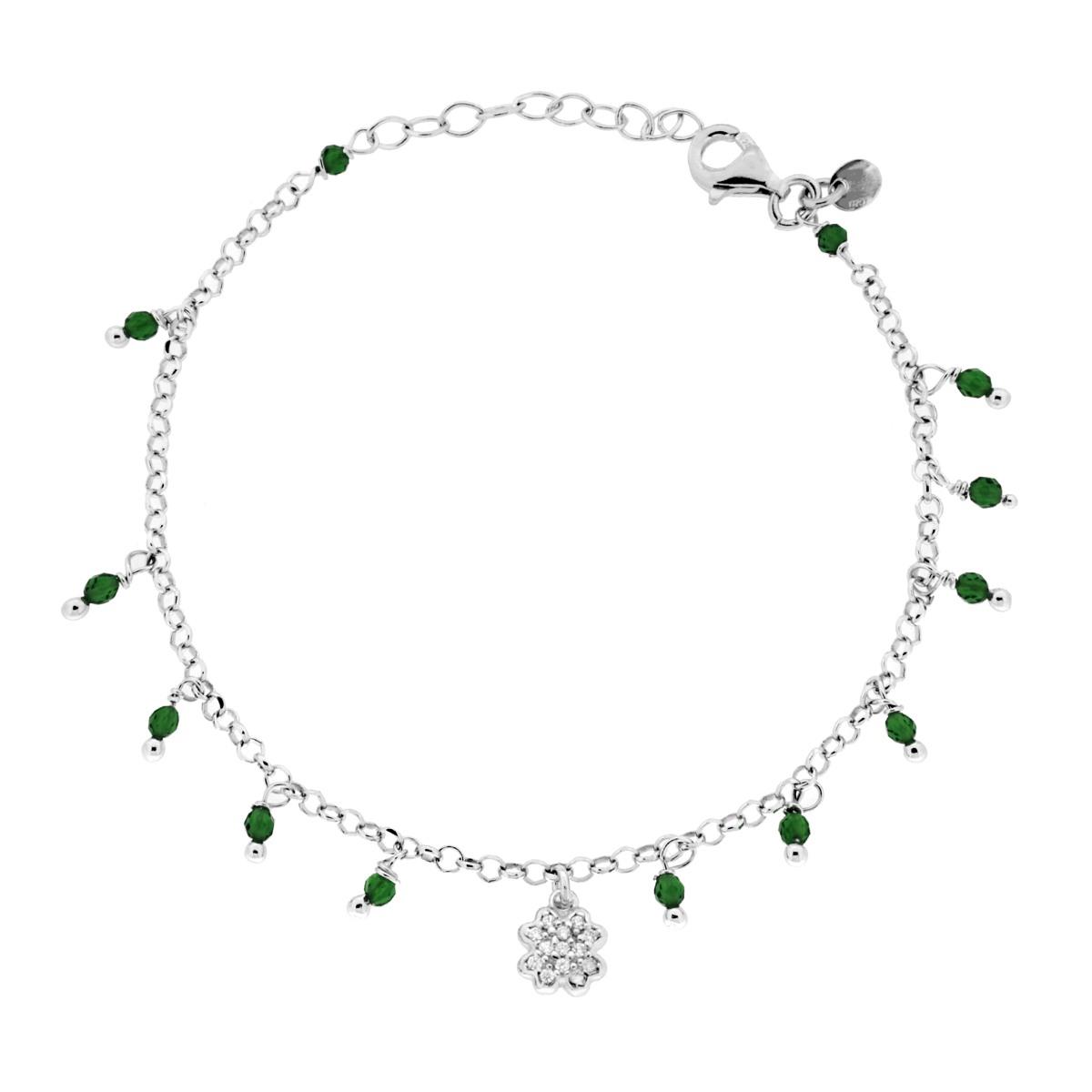 Bracciale Catena Rolo Diamantata con Quadrifoglio con Cubic Zirconia Bianchi e Crystal Verde Smeraldo pendenti in ARGENTO 925 Galvanica Rodio