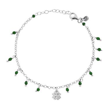 Bracciale Catena Rolo Diamantata con Quadrifoglio con Cubic Zirconia Bianchi e Crystal Verde Smeraldo pendenti in ARGENTO 925 Galvanica Rodio