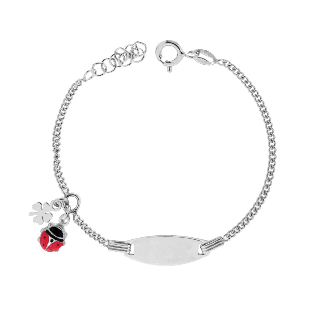 Bracciale Bimbo Bimba Targa Ovale con Catena Grumetta con Quadrifoglio e Coccinella Smalto Rosso pendenti in ARGENTO 925 Galvanica Rodio