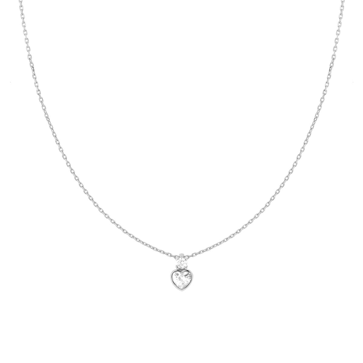 Collana Catena Forzatina Diamantata con Punto Luce Cuore e Cubic Zirconia Bianchi in ARGENTO 925 Galvanica Rodio