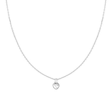 Collana Catena Forzatina Diamantata con Punto Luce Cuore e Cubic Zirconia Bianchi in ARGENTO 925 Galvanica Rodio