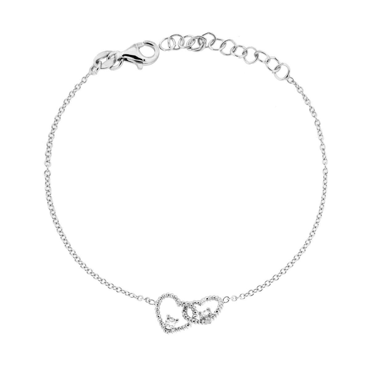 Bracciale Catena Forzatina Diamantata due Cuori intrecciati e Cubic Zirconia Bianchi in ARGENTO 925 Galvanica Rodio