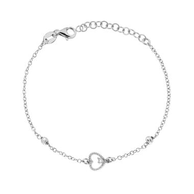 Bracciale Catena Forzatina Diamantata con Cuore Cubic Zirconia Bianco e Palline Slash in ARGENTO 925 Galvanica Rodio