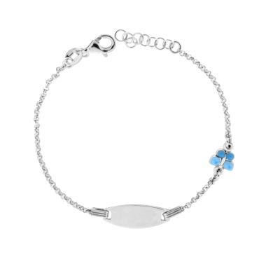 Bracciale Bimbo Bimba Targa Ovale con Catena Rolo Diamantata e Farfalla Smalto Azzurro in ARGENTO 925 Galvanica Rodio
