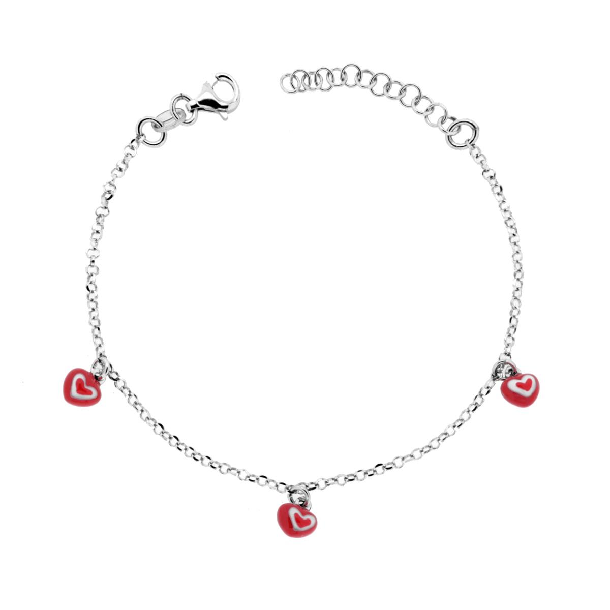 Bracciale Bimbo Bimba con Catena Rolo Diamantata e Cuori con Smalto Rosso e Bianco in ARGENTO 925 Galvanica Rodio