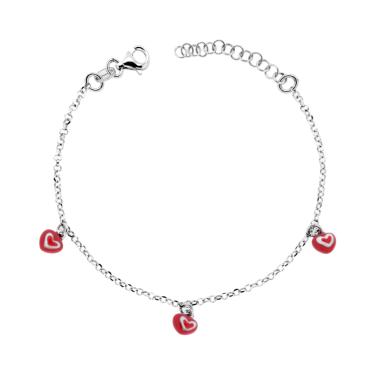 Bracciale Bimbo Bimba con Catena Rolo Diamantata e Cuori con Smalto Rosso e Bianco in ARGENTO 925 Galvanica Rodio