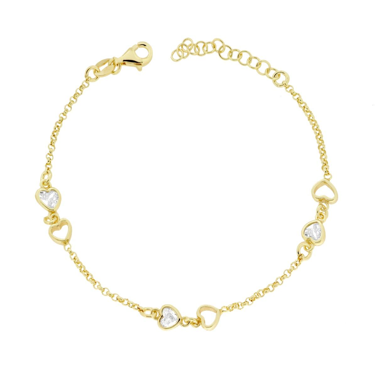 Bracciale Catena Rolo Diamantata con Cuori e Cubic Zirconia Bianchi in ARGENTO 925 Galvanica Oro