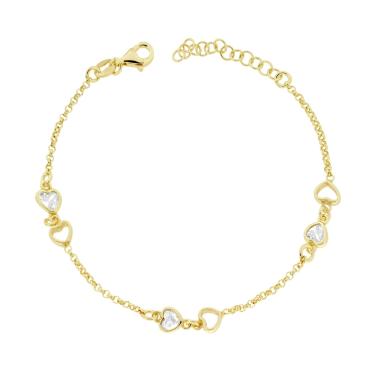 Bracciale Catena Rolo Diamantata con Cuori e Cubic Zirconia Bianchi in ARGENTO 925 Galvanica Oro