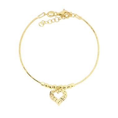 Bracciale Semirigido Catena Omega con Palline e Cuore Diamantato pendente in ARGENTO 925 Galvanica Oro