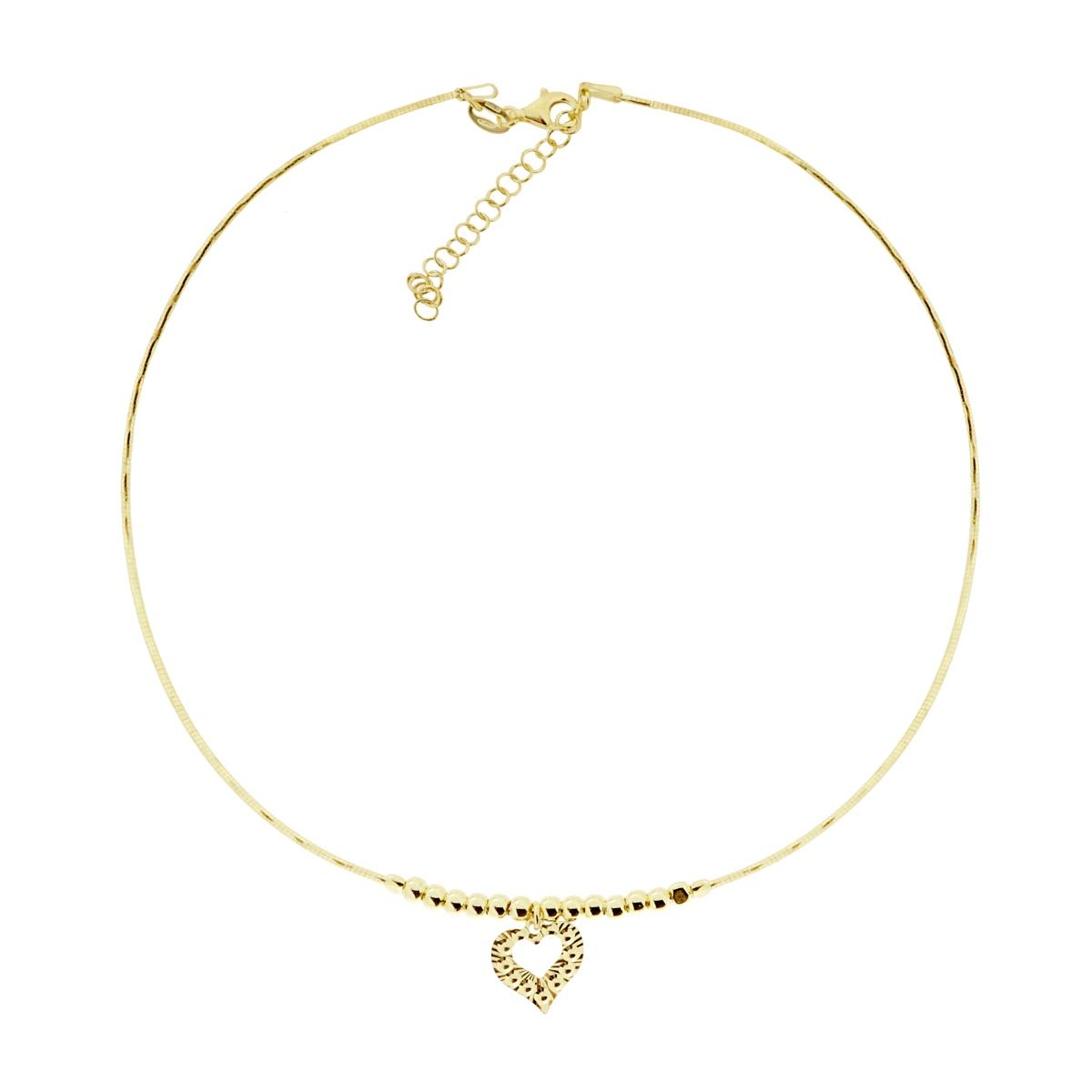 Collana Semirigida Catena Omega con Palline e Cuore Diamantato pendente in ARGENTO 925 Galvanica Oro