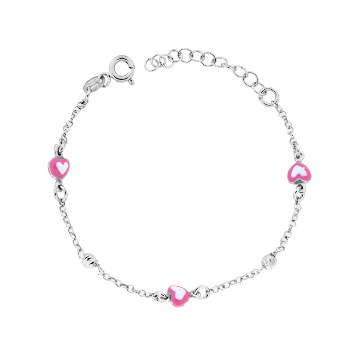 Bracciale Bimbo Bimba con Catena Rolo Diamantata Palline Slash e Cuori con Smalto Fucsia e Bianco in ARGENTO 925 Galvanica Rodio