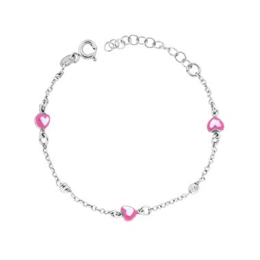 Bracciale Bimbo Bimba con Catena Rolo Diamantata Palline Slash e Cuori con Smalto Fucsia e Bianco in ARGENTO 925 Galvanica Rodio
