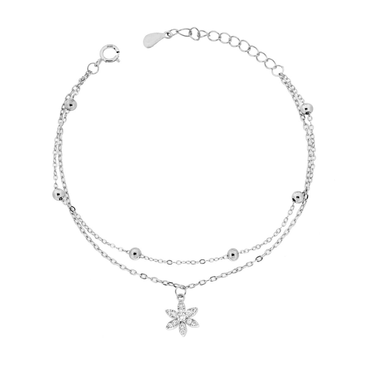 Bracciale due fili Catena Forzatina Diamantata con Fiore e Cubic Zirconia Bianchi in ARGENTO 925 Galvanica Rodio
