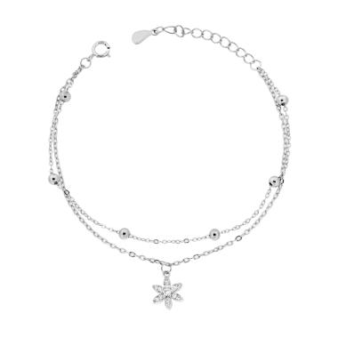 Bracciale due fili Catena Forzatina Diamantata con Fiore e Cubic Zirconia Bianchi in ARGENTO 925 Galvanica Rodio