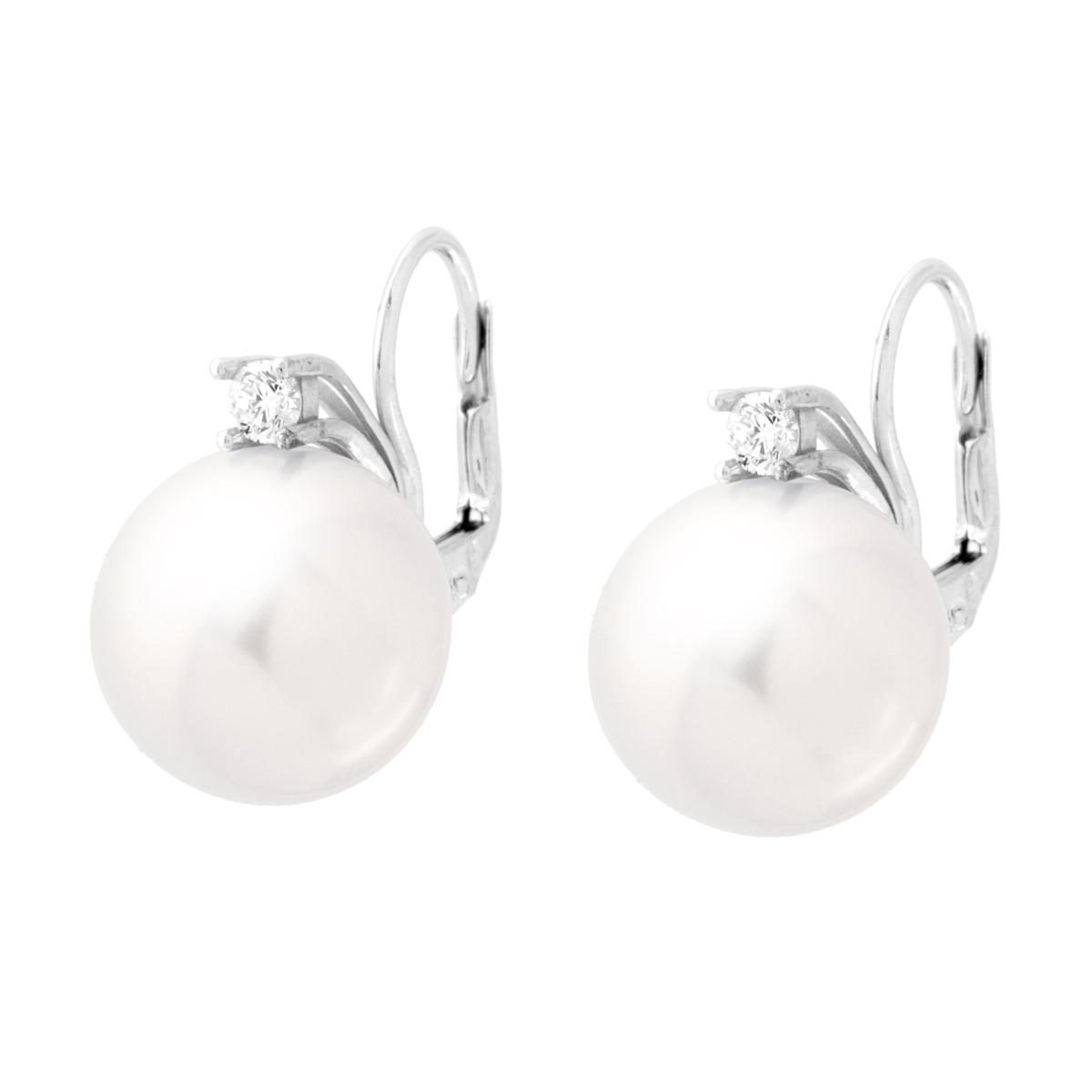Orecchini Monachella Perla Vetro Perlato mm 14 con Cubic Zirconia Bianco in ARGENTO 925 Galvanica Rodio