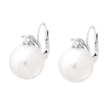 Orecchini Monachella Perla Vetro Perlato mm 14 con Cubic Zirconia Bianco in ARGENTO 925 Galvanica Rodio